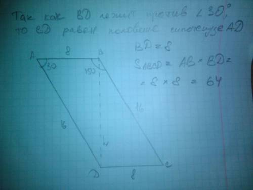 Найдите площадь параллелограма abcd если угол b=150° угол a=30° ab=8 см bc=16