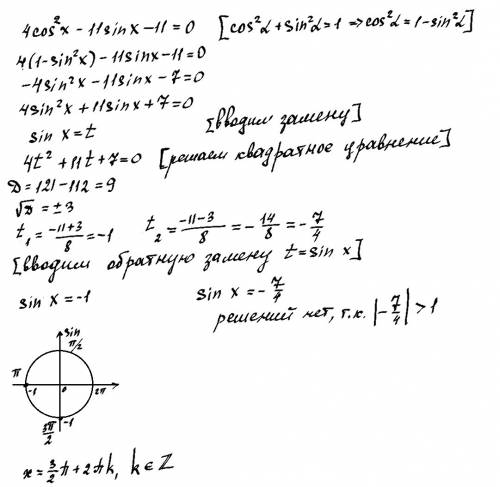 Решите с обяснением и ответом 4cos^2x - 11sin x - 11= 0