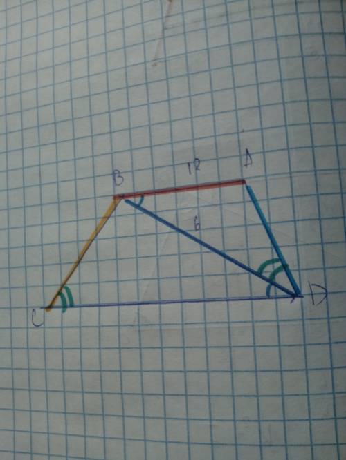 Основание ab трапеции abcd равно 12, диагональ bd=6, угол adb= углу bcd. найдите s bcd если s трапец