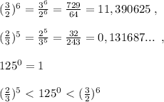 ( \frac{3}{2} )^6= \frac{3^6}{2^6}=\frac{729}{64}=11,390625\; ,\\\\ ( \frac{2}{3} )^5= \frac{2^5}{3^5}= \frac{32}{243} =0,131687... \; \; ,\\\\125^0=1\\\\ (\frac{2}{3})^5\ \textless \ 125^0\ \textless \ ( \frac{3}{2})^6