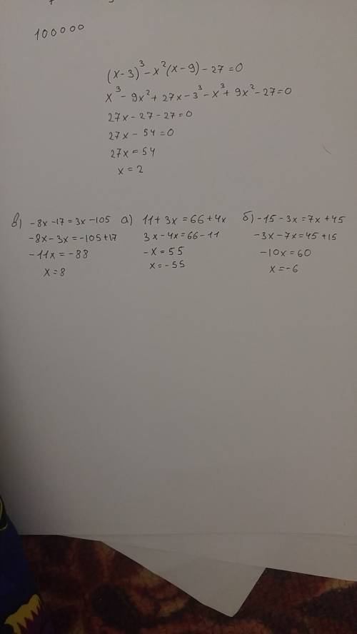 Решите уравнения: a)11+3x=66+4x,б)-15-3x=7x+45,в)-8x-17=3x-105 заранее ))