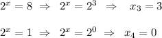 2^x=8\,\,\Rightarrow\,\,\, 2^x=2^3\,\,\,\Rightarrow\,\,\,\,\, x_3=3\\ \\ 2^x=1\,\,\Rightarrow\,\,\, 2^x=2^0\,\,\Rightarrow\,\,\, x_4=0