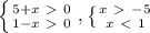 \left \{ {{5+x\ \textgreater \ 0} \atop {1-x\ \textgreater \ 0}} \right. , \left \{ {{x\ \textgreater \ -5} \atop {x\ \textless \ 1}} \right.