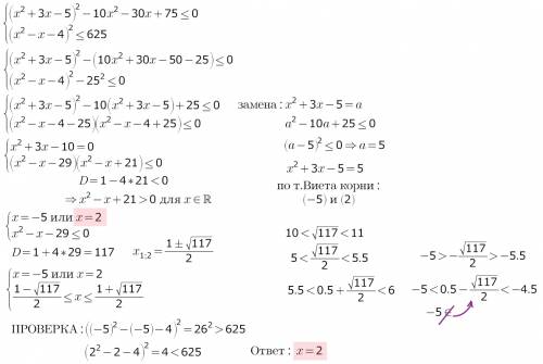 Решите систему неравенств (x^2+3x−5)^2−10x^2−30x+75⩽0 (x^2−x−4)^2⩽625