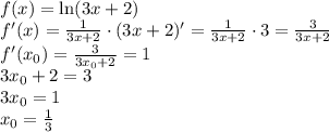 f(x)=\ln(3x+2)&#10;\\\&#10;f'(x)= \frac{1}{3x+2} \cdot(3x+2)'=\frac{1}{3x+2} \cdot3=\frac{3}{3x+2} &#10;\\\&#10;f'(x_0)= \frac{3}{3x_0+2} =1&#10;\\\&#10;3x_0+2=3&#10;\\\&#10;3x_0=1&#10;\\\&#10;x_0= \frac{1}{3}