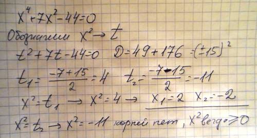 X^4+7x^2-44=0 что бы был дискриминант и по формуле.