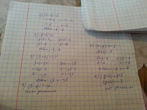 Решение уравнение 1) |x-4|=2 2)|y+5|=3 3)|3+x|=1,5 4)|7-y|=-2 5)|x+3|+4=9 6)y-2|+8=5