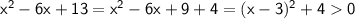 \sf x^2-6x+13=x^2-6x+9+4=(x-3)^2+40