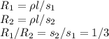 R_1=\rho l/s_1\\&#10;R_2=\rho l/s_2\\&#10;R_1/R_2=s_2/s_1=1/3