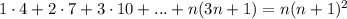 1\cdot4+2\cdot7+3\cdot10+...+n(3n+1)=n(n+1)^2