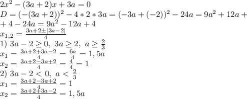 2x^2-(3a+2)x+3a=0\\&#10;D=(-(3a+2))^2-4*2*3a=(-3a+(-2))^2-24a=9a^2+12a+\\+4-24a=9a^2-12a+4\\&#10;x_{1,2}= \frac{3a+2\pm|3a-2|}{4} \\&#10;1) \ 3a-2 \geq 0, \ 3a \geq 2, \ a \geq \frac{2}{3} \\&#10;x_1= \frac{3a+2+3a-2}{4} = \frac{6a}{4} =1,5a\\&#10;x_2= \frac{3a+2-3a+2}{4} = \frac{4}{4} =1\\&#10;2) \ 3a-2\ \textless \ 0, \ a\ \textless \ \frac{2}{3} \\&#10;x_1= \frac{3a+2-3a+2}{4} =1\\&#10;x_2= \frac{3a+2+3a-2}{4} =1,5a\\&#10;