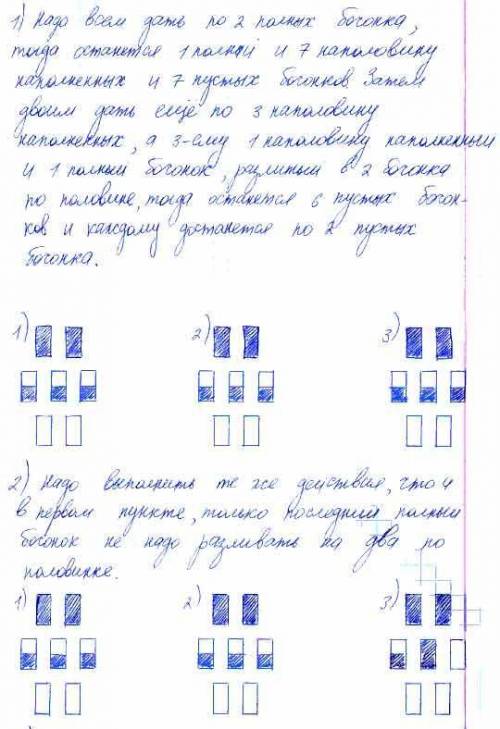 1) реши . на пасеке было 7 полных 7 наполовину наполненных и 7 пустых бочонков. трое покупателей куп