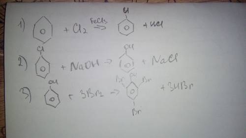 Бензол-> хлорбензол-> фенол-> 2,4,6- трибромфенол