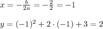 x=- \frac{b}{2a}= -\frac{2}{2} =-1\\ \\ y=(-1)^2+2\cdot(-1)+3=2