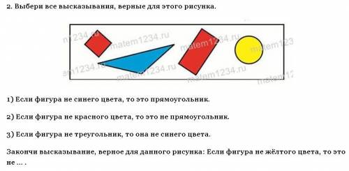 Выбери все высказывания,верные для этого рис1. если фигура не синего цвета, то это прямоугольник.2.