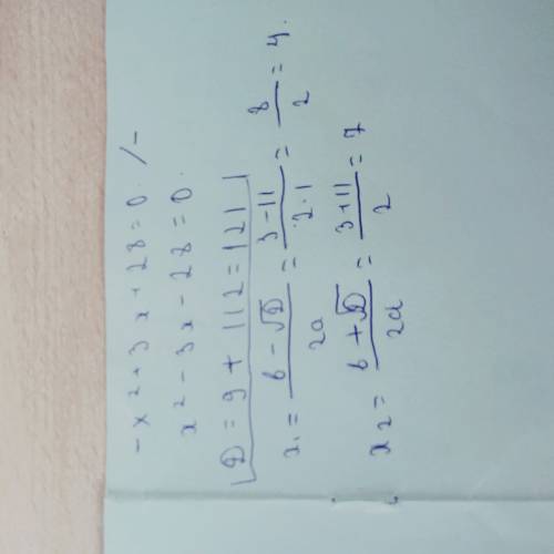 Решите уравнения -х^2+3х+28=0 -7х+6-3х^2=0 (4х+1)^2-(х-4)^2=-15