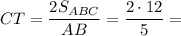 \displaystyle CT=\frac{2S_{ABC}}{AB} =\frac{2\cdot 12}{5}=