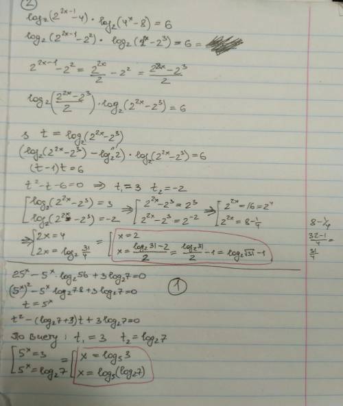 Логарифмическое уравнение: 1. 25^(x) - 5^(x)*log_2(56)+3*log_2(7)=0 2. log_2(2^(2x-1) -4)*log_2(4^(x