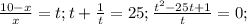 \frac{10-x}{x}=t; t+\frac{1}{t}=25; \frac{t^2-25t+1}{t}=0;