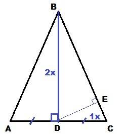 Вравнобедренном треугольнике авс с основанием ас проведена медиана вd, de ┴ вс, bd: dc = 2 : 1. площ