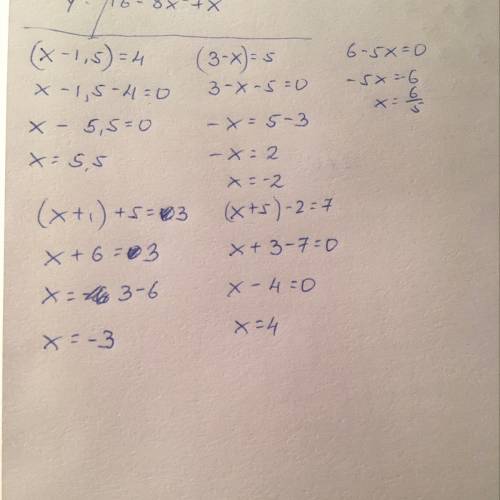 (x-1.5)=4 решите (3-x)=5 (2x-3)=0 (6-5x)=0 (x+1)+5=3 (x+5)-2=7