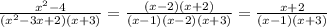 \frac{x^2-4}{(x^2-3x+2)(x+3)} = \frac{(x-2)(x+2)}{(x-1)(x-2)(x+3)} = \frac{x+2}{(x-1)(x+3)}