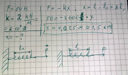 Людина розтягує пружину, закріплену одним кінцем до стіни, діючи з силой 50 h. визначити видовження