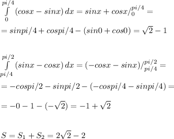 \int\limits^{pi/4}_0 {(cosx-sinx)} \, dx =sinx+cosx/^{pi/4}_0= \\ \\ =sinpi/4+cospi/4-(sin0+cos0)= \sqrt{2}-1 \\ \\ \\ \int\limits^{pi/2}_{pi/4} {(sinx-cosx)} \, dx=(-cosx-sinx)/^{pi/2}_{pi/4}= \\ \\ =-cospi/2-sinpi/2-(-cospi/4-sinpi/4)= \\ \\ =-0-1-(- \sqrt{2})=-1+ \sqrt{2} \\ \\ \\ S=S_1+S_2=2 \sqrt{2}-2