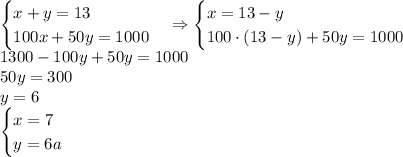 \begin{cases}x+y=13\\100x+50y=1000\end{cases}\Rightarrow\begin{cases}x=13-y\\100\cdot(13-y)+50y=1000\end{cases}\\1300-100y+50y=1000\\50y=300\\y=6\\\begin{cases}x=7\\y=6a\end{cases}