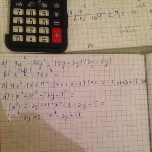 Разложите на множители выражение а) 9y^2-25y^2=. б)a^2b^6-16x^4=.в)4x^2-(x+1)^2. г)(x^3+2)^2-(3y-1)^