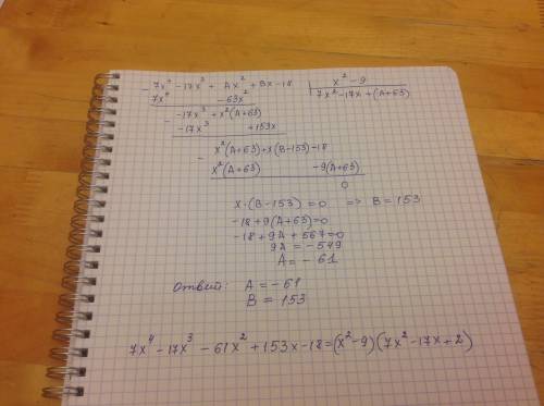 При каких а и в многочлен 7x^4-17x^3+ax^2+bx-18 делится на x^2-9 без остатка?