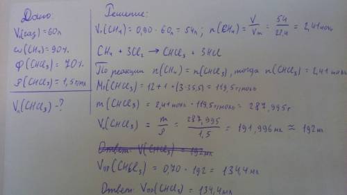 Какой объем хлороформа chcl3 плотностью 1,5 г/мл, можно получить из природного газа объёмом 60л (н.