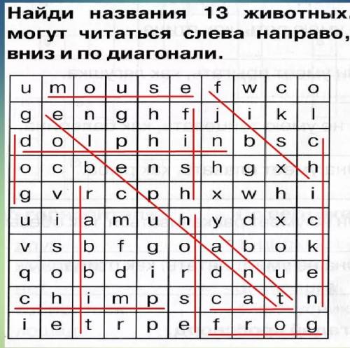 Найди названия 13 жтивотных слова могут читаться слева направо сверху вниз и по диагонали: umousefwc