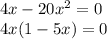 4x-20x^2=0 \\ 4x(1-5x)=0