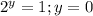 2^y=1;y=0