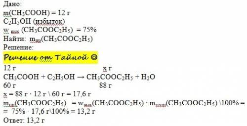 При нагревании 12 г. уксусной кислоты с избытком этанола масса полученного сложного эфира составит г
