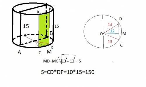Высота цилиндра 15 см,радиус 13 см.найдите площадь сечения цилиндра плоскостью,параллельной оси цили