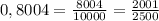 0,8004 = \frac{8004}{10000} = \frac{2001}{2500}