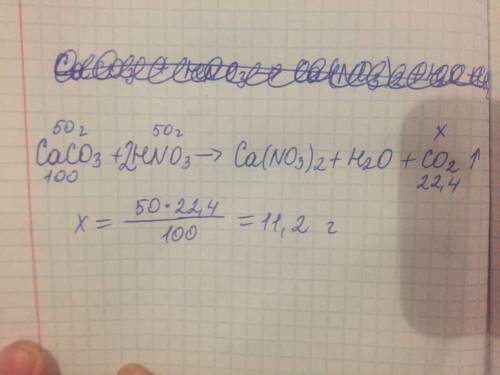 Определите объем углекислого газа образовавшегося из 50 г. caco3 и hno3 caco3 + 2hno3 = cu(no3)2 + h