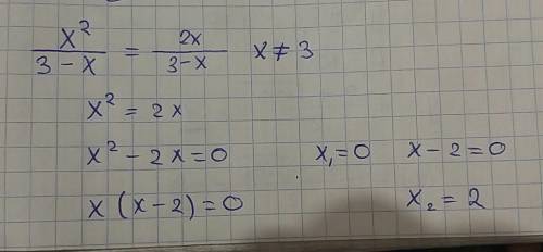 Решите дробные уравнение x^2/3-x = 2x/3-x