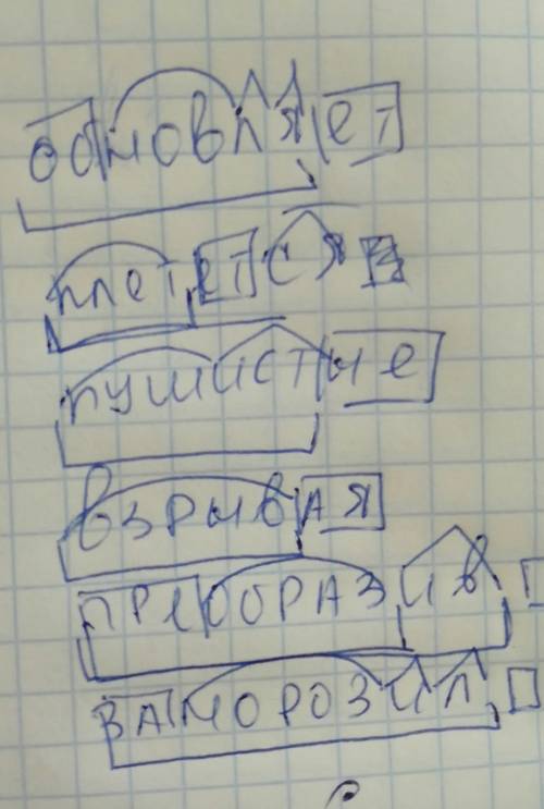 Разберите по морфемам слова: обновляет,плетётся,пушистые,взрывая,преобразив,заморозил!