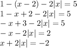 1 - (x - 2) - 2|x| = 5 \\ 1 - x + 2 - 2|x| = 5 \\ -x + 3 - 2|x| = 5 \\ -x - 2|x| = 2 \\ x + 2|x| = -2