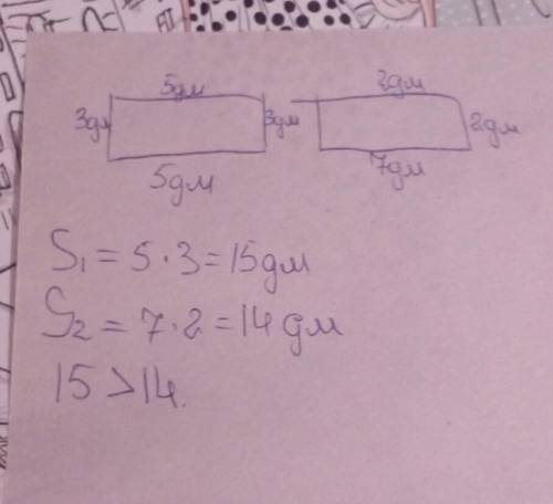 Сравни площадь двух прямоугольников , если у первого прямоугольника длина равна 5дм, ширина-3дм,а у
