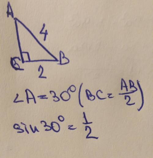 Втреугольнике abc угол равен 90, ав=4, вс=2. найдите sinа.