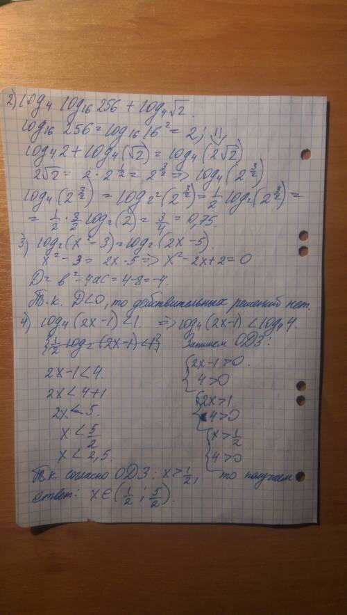 Разобраться, желательно подробное решение! ) lg(x-1)+lg(x+1)=3lg2+lg(x-2) log₄log₁₆256+log₄√2 log₂(x