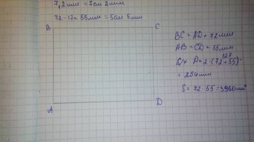 Решить начерти прямоугольник длина которого 72мм а ширина на 17мм меньше. найти периметр и площадь э