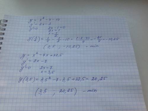 Найдите наименьшее значение функции. y=x^2-x-10 y=x^2-7x+32.5