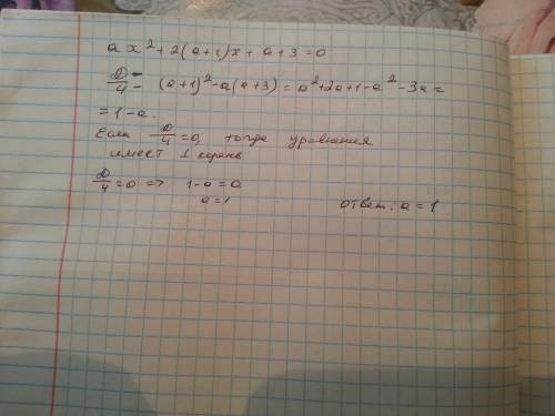 Pешить: найдите все значения а, при которых квадратное уравнение ax^2+2(a+1)x+a+3=0, имеет один ко