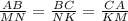 \frac{AB}{MN} =\frac{BC}{NK}= \frac{CA}{KM}