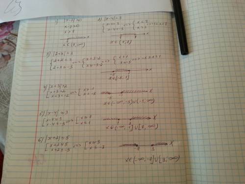 Решите неравенство и изоброзите множество его решений на кординатной прямой 1) |x-7|> 0 2)|x-4|&l